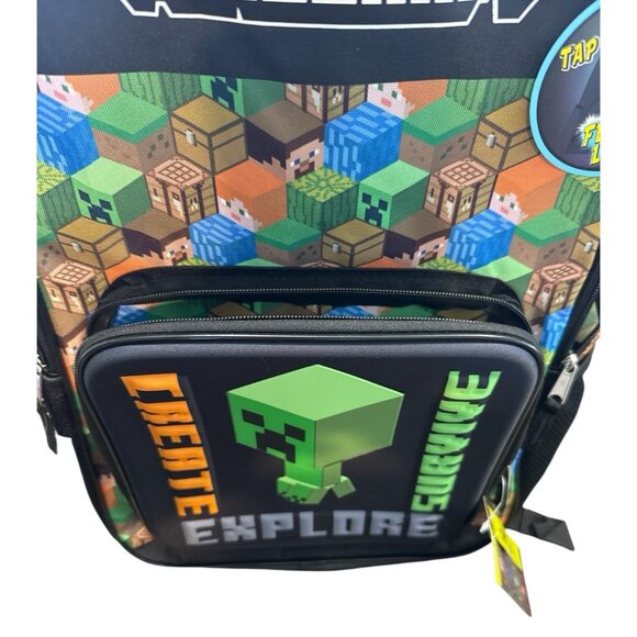 Minecraft Light Up Backpack 17 Inch Bag Unisex Black Green Padded Shoulders NEW - Picture 5 of 11